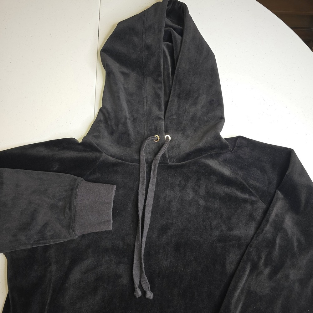 JUICY COUTURE Women's Medium Black Velour‎ Hoodie Sweatshirt Super Soft -1348